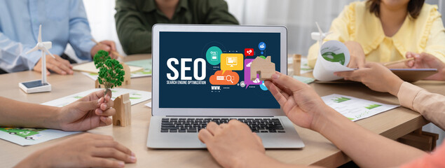 SEO search engine optimization for brisk e-commerce and online retail business showing on computer...