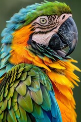 Fototapeta premium Close-up of a vibrant macaw. Predominantly orange, blue, and green plumage. Focus on head and upper body, facing right.