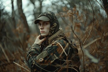 A young man wearing camouflage apparel poses in a wooded area with mostly bare branches. He's wearing a backpack and touching his neck