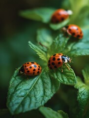 Fototapeta premium ladybugs resting on vibrant green leaves covered in dew drops in natural setting. Ladybugs on green leaves, natural pest control in a flourishing garden.