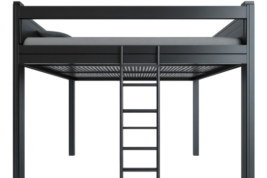A modern metal loft bed perfect for saving space in a studio apartment with a ladder leading on transparent background