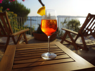 A chilled Aperol Spritz with a lemon garnish sits on a wooden terrace table overlooking a serene coastal view, evoking laid-back vacation moments.