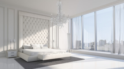 A luxurious all-white bedroom with tufted headboard, chandelier, and panoramic city views exudes modern elegance and upscale living.