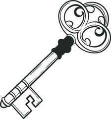 Vintage ornamental key line drawing with intricate circular bow design, ideal for antique, mystery, lock, security, and treasure-themed illustrations or decorative vector elements.