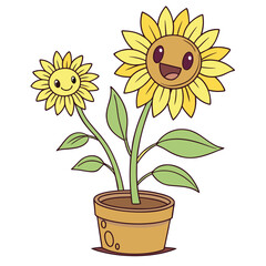 Obraz premium Two happy sunflowers with big smiles grow together from a flower pot