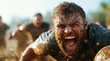 This dynamic shot portrays an intense participant in a mud obstacle course, showcasing grit and determination as they push through a challenging and messy environment.