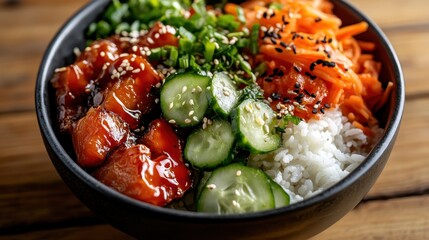 A delicious rice bowl filled with fresh vegetables, grilled meat, and drizzled with savory sauce offers a vibrant, healthy and visually appealing meal option.