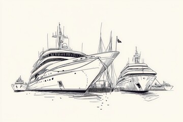 Fototapeta premium Elegant Yacht Sketch with Two Vessels Docked in Calm Waters