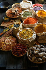 Colorful selection of dried herbs, spices, and natural ingredients in paper bags on rustic market table. Traditional Asian and herbal medicine concept.