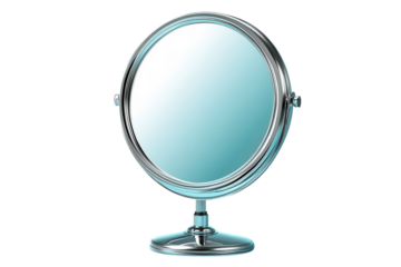 A gleaming chrome vanity mirror ready to reflect your true self providing clarity and a touch on transparent background