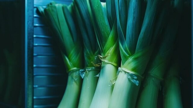 Fresh leeks stored in a refrigerator crisper drawer