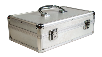  silver-metal-briefcase-closed-with-chrome-handle isolated on white background,  png, ai generated