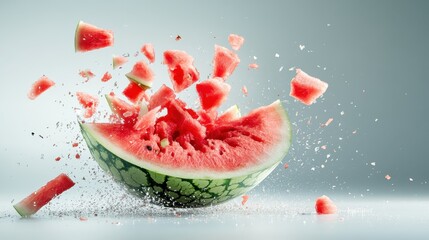A vibrant, dynamic image of a watermelon bursting apart, showcasing a visually startling explosion of juice and fruit pieces in a captivating moment of action.