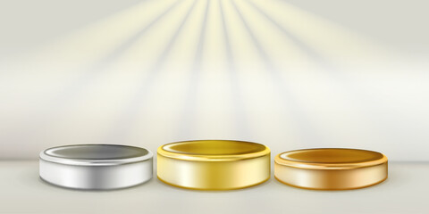 Gold, silver and bronze pedestals. Vector 3d realistic podium illustration. Award ceremony background