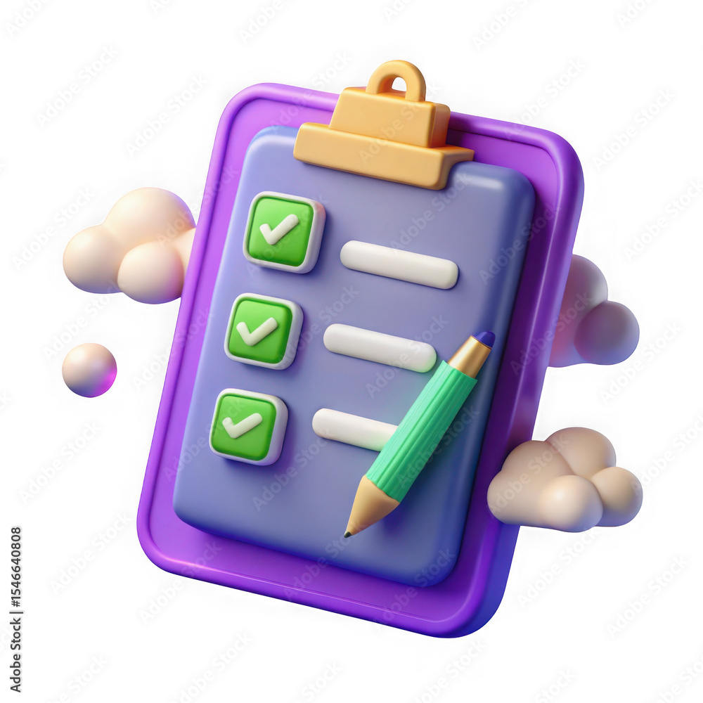 Aufkleber 3d rendered checklist with green checkmarks and pencil isolated on transparent background