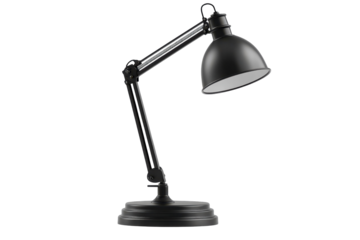 A classic black adjustable desk lamp offering focused illumination for late night study and on transparent background