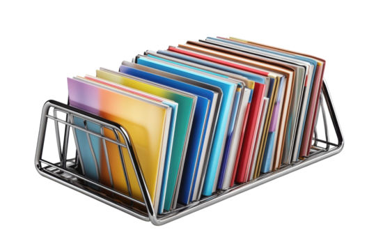 A colorful collection of notebooks and binders neatly organized in a sleek modern chrome rack on transparent background