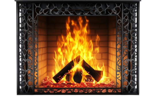 A crackling fireplace with warm flames evoking cozy winter nights and festive holiday on transparent background