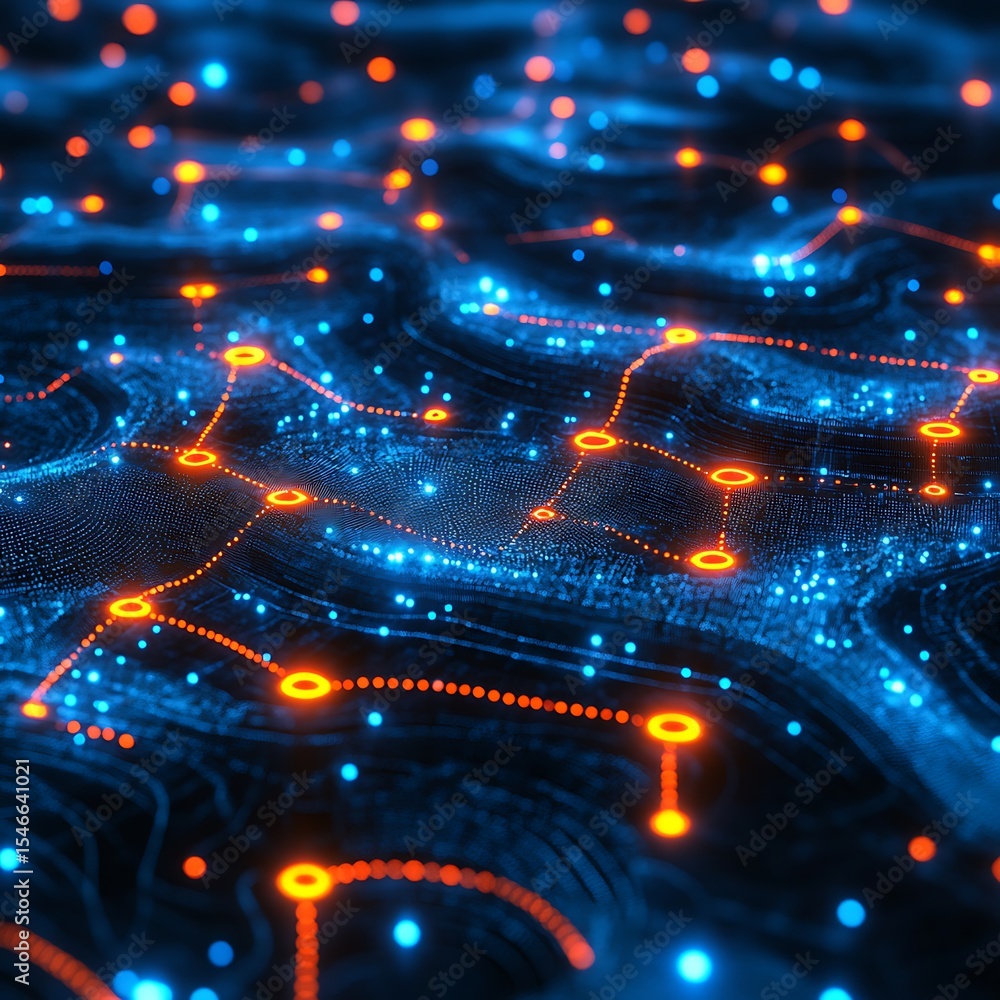 Poster abstract digital network displaying data flow and connections with glowing orange and blue dots phot