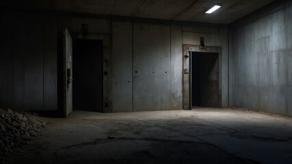 Reinforced bunker entrance, locked tight. A lone red warning light pulses above, casting eerie shadows on cold concrete. Concept: Radiation, nuclear threat, contamination.