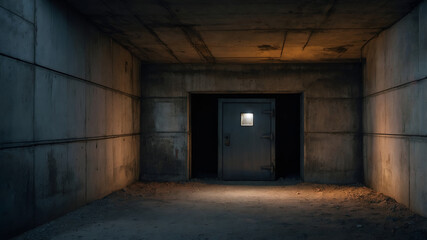 A sealed steel bunker door glows under a blinking red light, buried in concrete and silence—isolated, grim, and final. Concept: Radiation, nuclear threat, contamination.