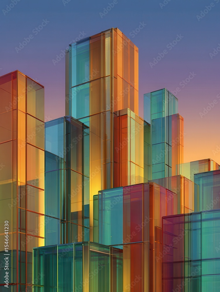 Poster abstract architectural design featuring colorful glass structures towering against a gradient sky