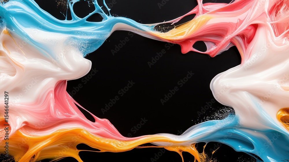 Poster dynamic swirls of colorful paints burst forth dramatically against a black canvas, creating an excit