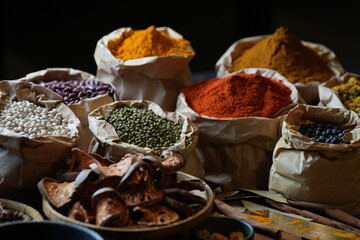 Colorful selection of dried herbs, spices, and natural ingredients in paper bags on rustic market table. Traditional Asian and herbal medicine concept.