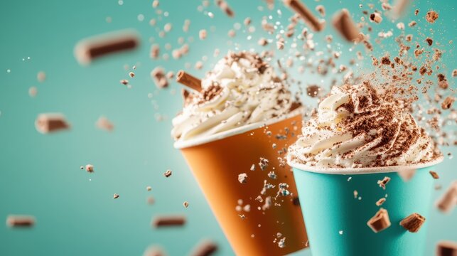 A fun scene of two vibrant milkshakes topped with whipped cream and chocolate sprinkles, embodying the joy and exuberance of sweet treats and summertime pleasure.