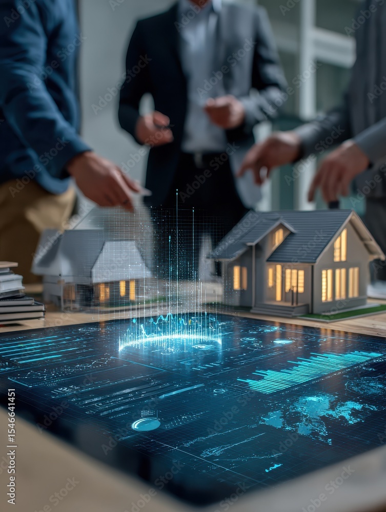Poster a team discusses real estate analytics with a digital graph display and a model house on the table, 