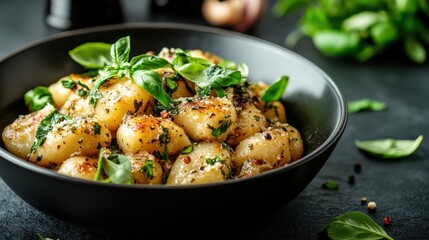 An inviting plate of gnocchi, adorned with vibrant herbs and spices, tantalizes the senses, showcasing Italian culinary excellence and home-cooked delight.