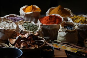 Colorful selection of dried herbs, spices, and natural ingredients in paper bags on rustic market...