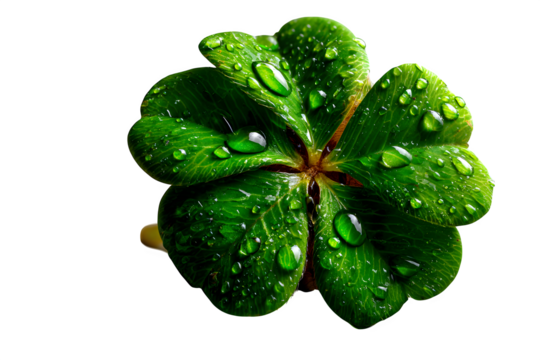 Four-leaf clover symbol of good luck, detailed close-up view with natural imperfections, shown on white surface and isolated to transparent background