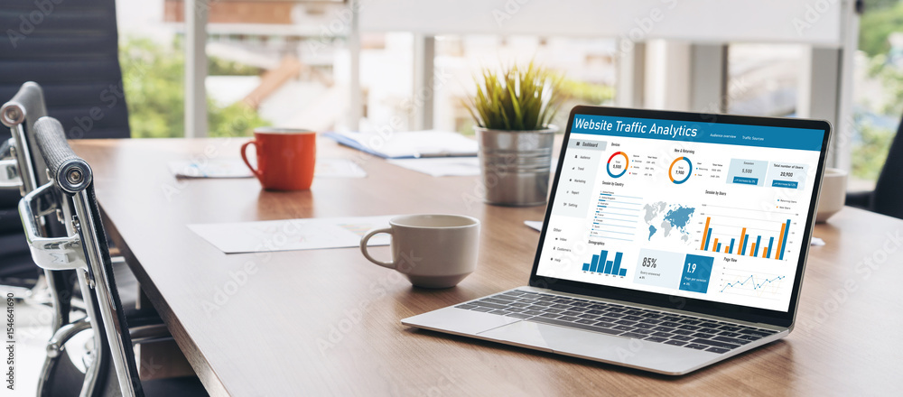 Poster computer software for website traffic analytics data on computer screen. concept of seo search engin