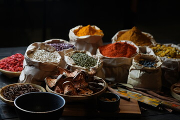 Colorful selection of dried herbs, spices, and natural ingredients in paper bags on rustic market table. Traditional Asian and herbal medicine concept.