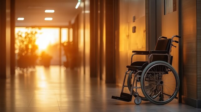 A peaceful sunset illuminates a hospital corridor, highlighting an empty wheelchair, symbolizing the intersection of health, care, hope, and solitude amid daily life. - Powered by Adobe