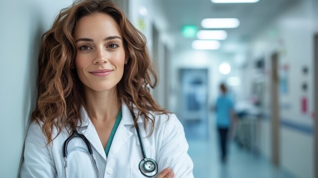 A poised healthcare professional stands confidently in a hospital corridor, embodying compassion, dedication, and expertise, ready to provide care and support to patients and their families.