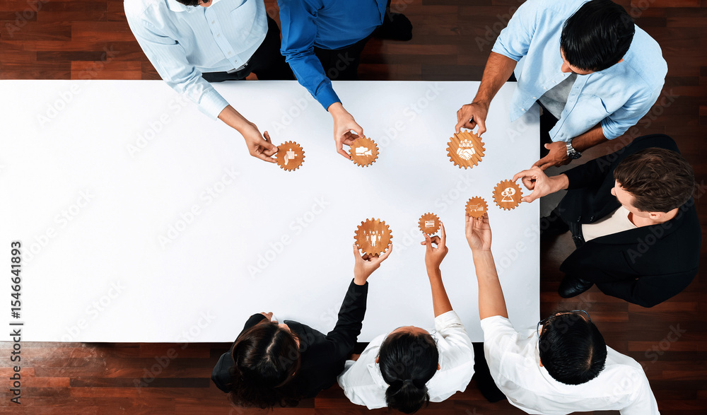 Poster a group of diverse professionals engages in a collaborative strategy session around a white table, s