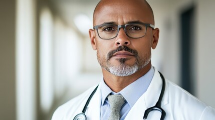 A mature man with glasses and a stethoscope displays confidence in a healthcare setting, portraying a professional image essential in medical environments.
