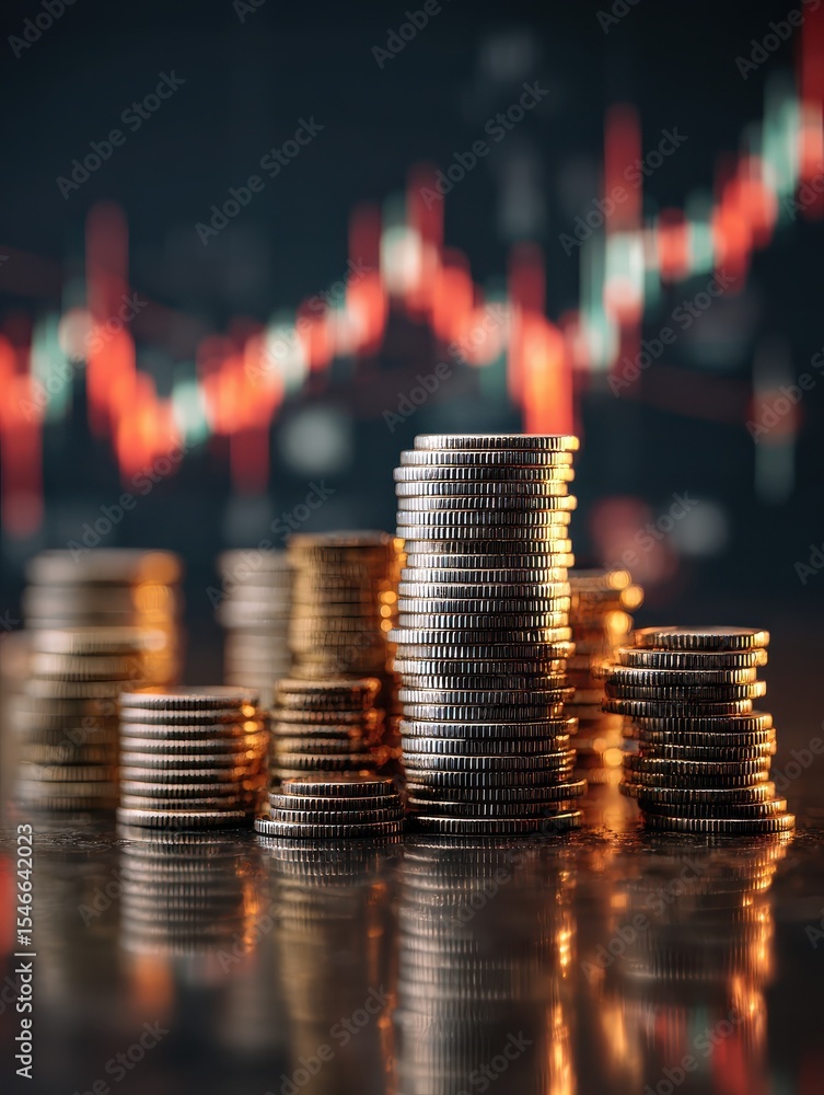 Poster close-up on coin stacks with a digital stock graph projection, reflecting smart financial planning