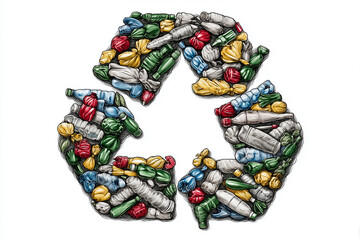A highly detailed drawing of the recycling symbol made from different types and colors of plastic bottles.