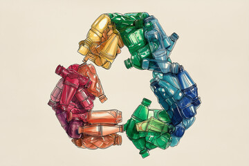 Recycling symbol made from different types and colors of plastic bottles.