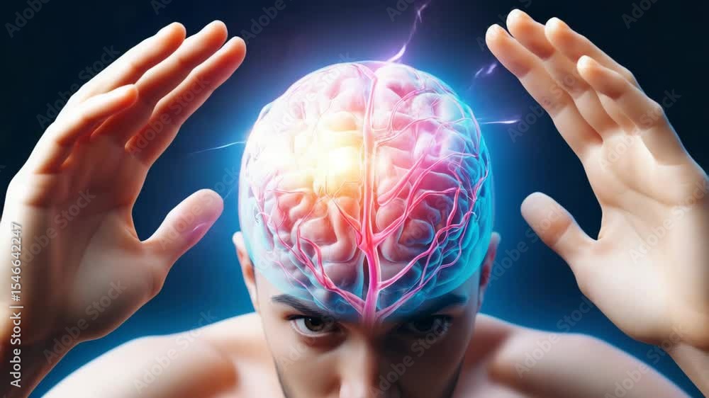 Poster Man with hands touching brain with energy flowing through it