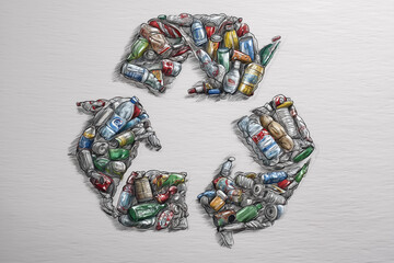 Recycling symbol made from various plastic bottles and cans.