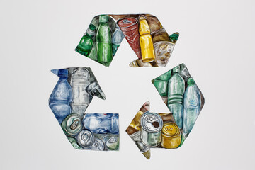 A drawing of the recycling symbol made from different types and colors of plastic bottles.