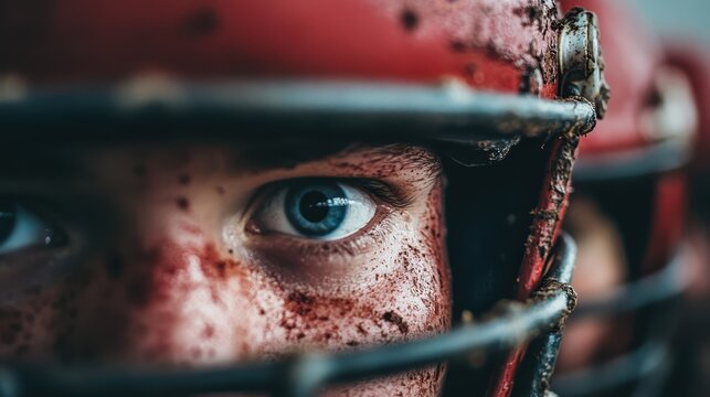 A close-up image of a determined young athlete wearing a muddy baseball helmet, capturing the raw intensity and grit of sports competition and perseverance in action.