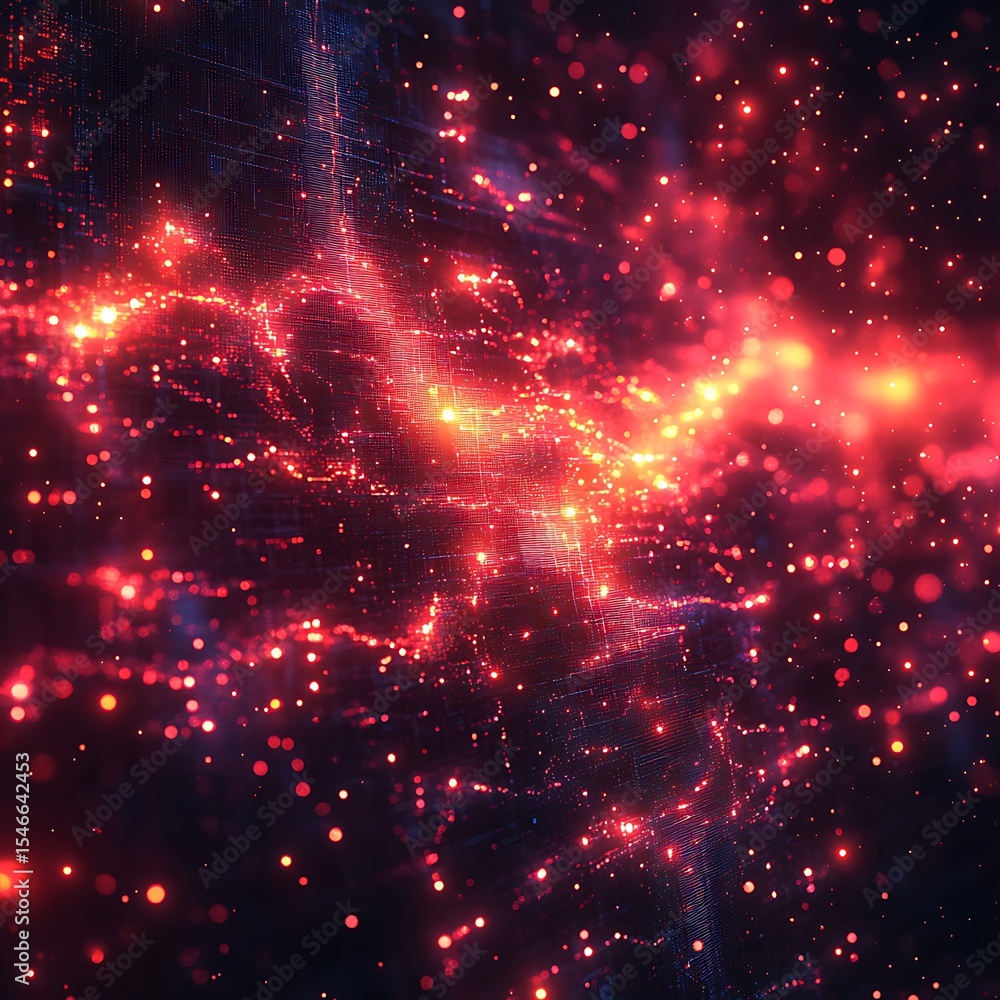 Poster abstract digital photo depicting a glowing network of red and orange connected dots and lines