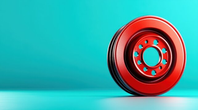 This image features a striking red car wheel, showcasing its smooth design and glossy finish against a bright teal background, emphasizing modern automotive experiences.