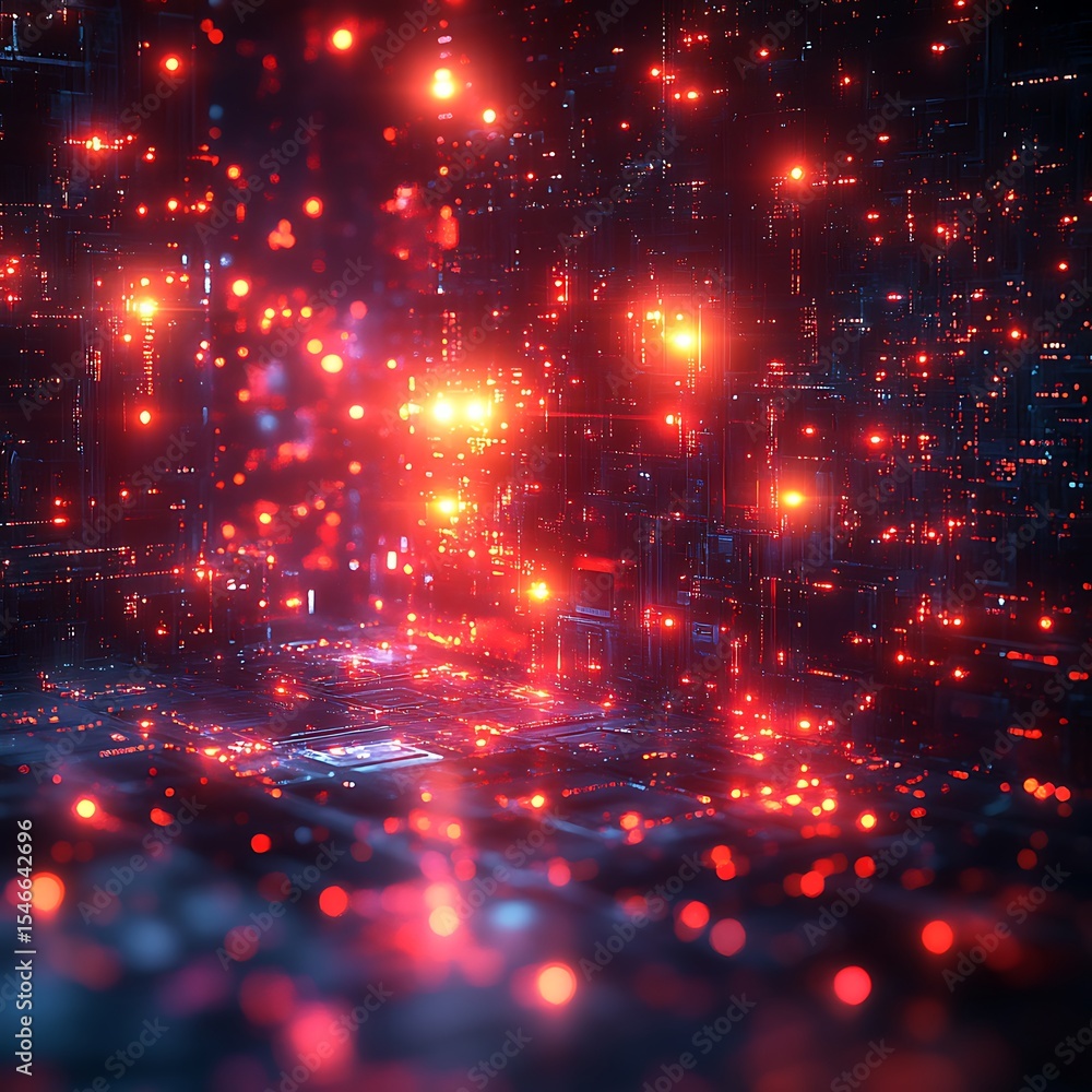 Poster abstract digital photo of a vibrant data center with glowing red lights and network connections.