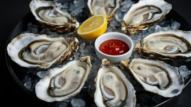 Fresh oysters served on ice with lemon and dipping sauce  
